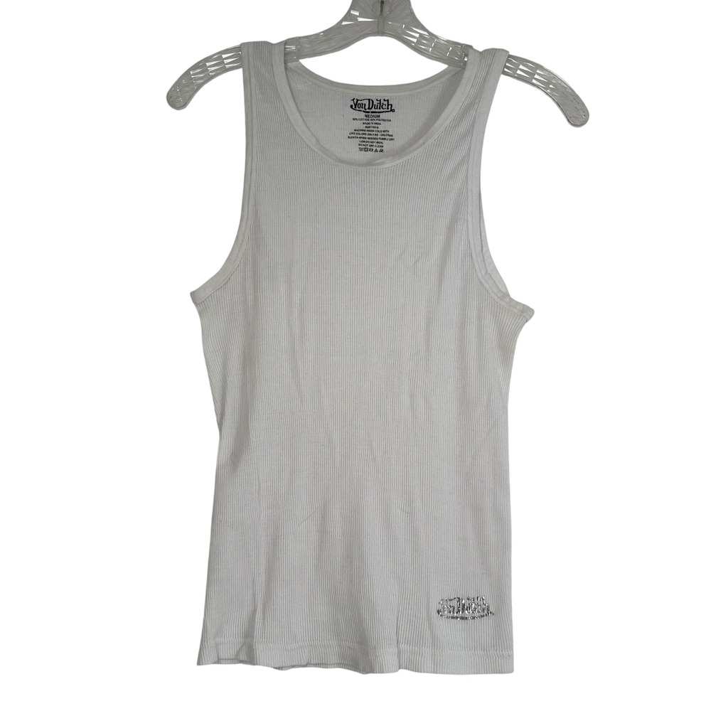 Von Dutch White Ribbed Tank Top Silver Foil Logo Y2K Medium